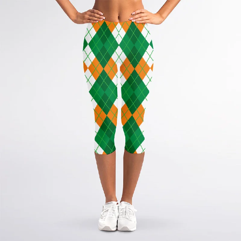 Green Orange And White Argyle Print Women's Capri Leggings Cozy Ribbed Leggings