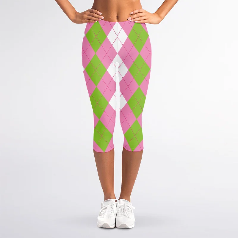 Green Pink And White Argyle Print Women's Capri Leggings Trendy Activewear Leggings