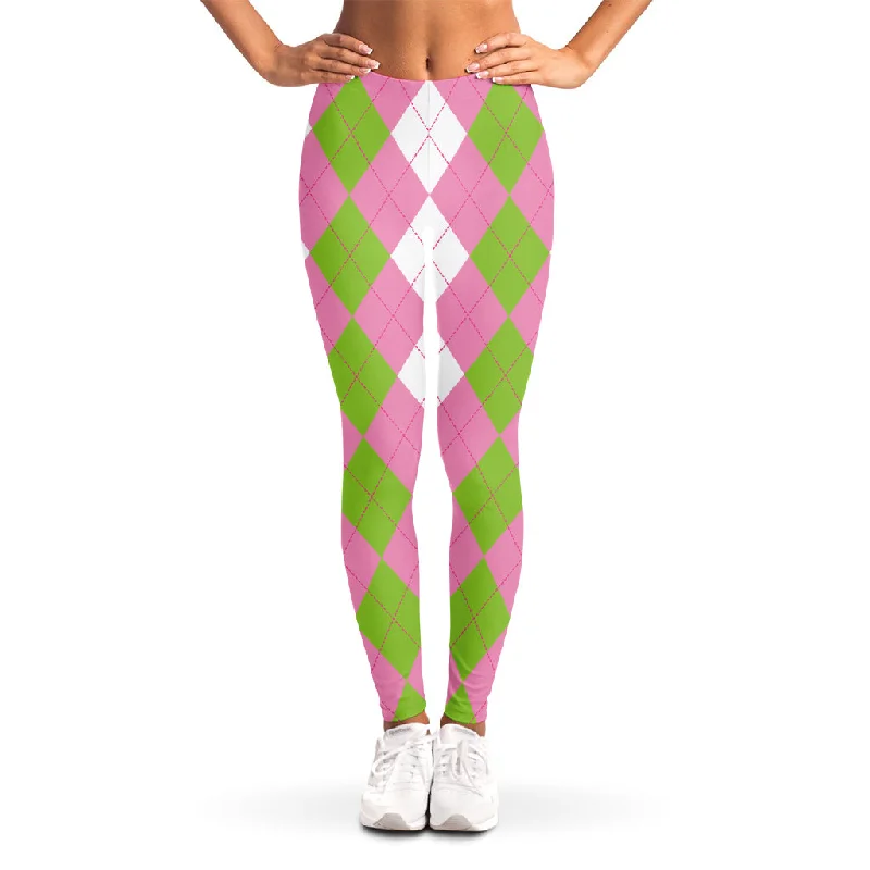 Green Pink And White Argyle Print Women's Leggings Fashionable Ribbed Knit Leggings