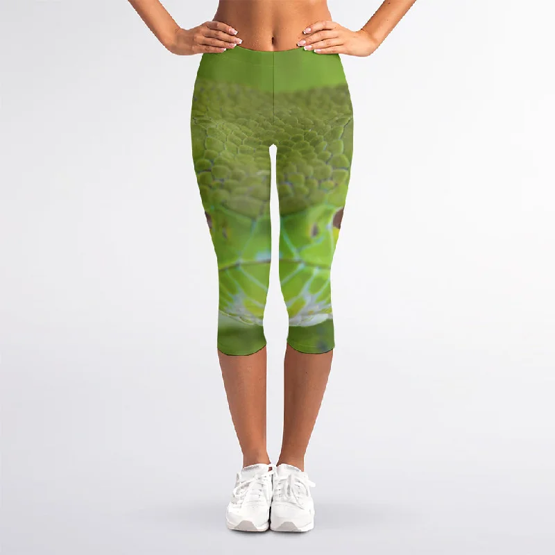 Green Pit Viper Print Women's Capri Leggings Comfortable Fleece-Lined Leggings