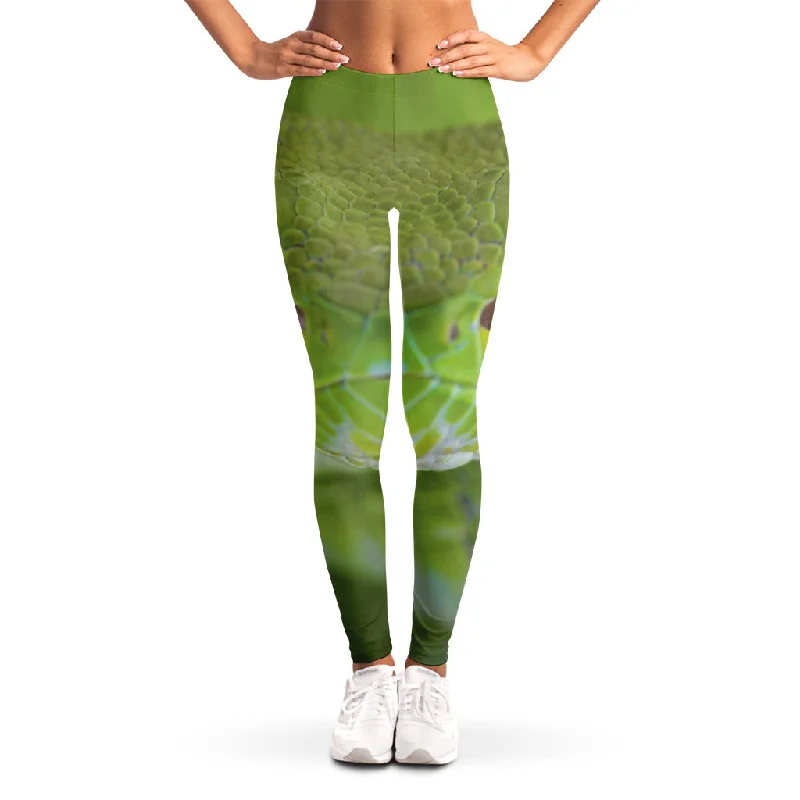 Green Pit Viper Print Women's Leggings Elegant Sheer Leggings