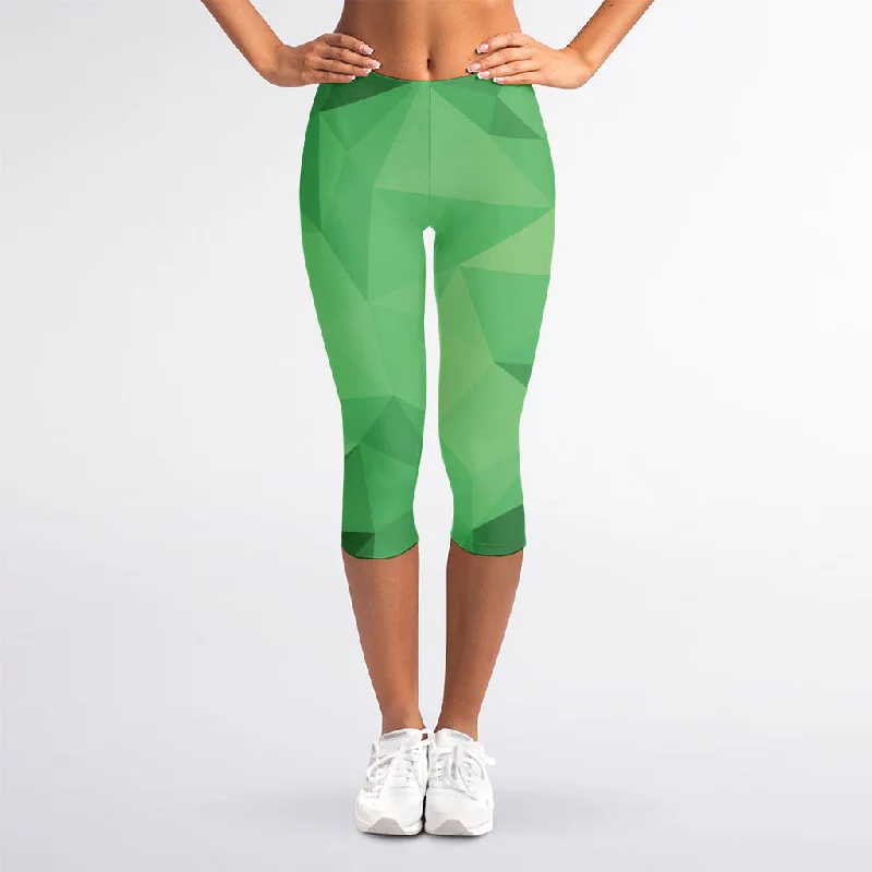 Green Polygonal Geometric Print Women's Capri Leggings Cozy Cotton Leggings