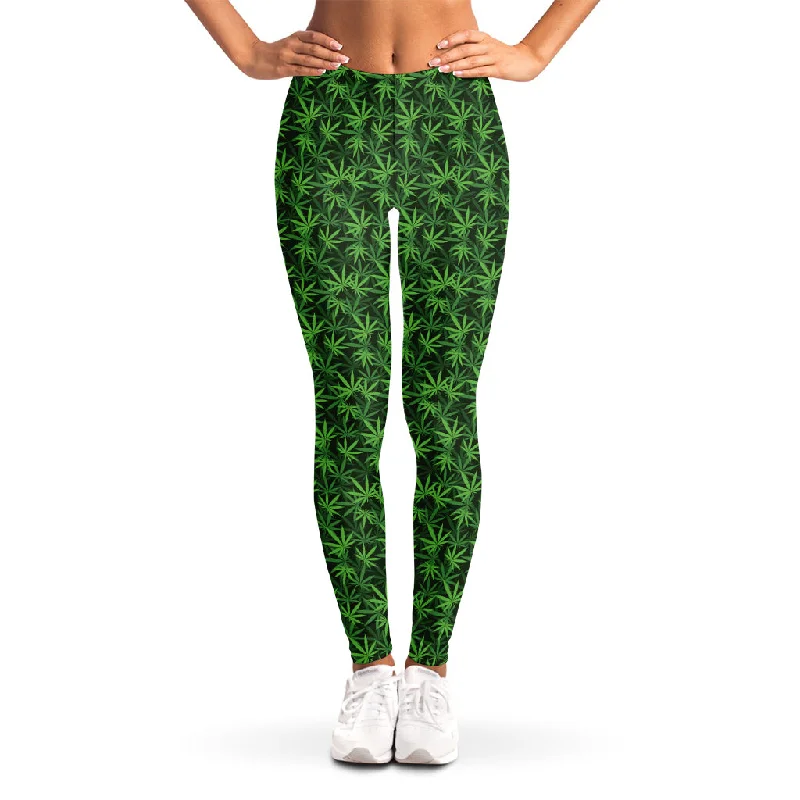 Green Pot Leaf Pattern Print Women's Leggings Stylish Stretch Print Leggings