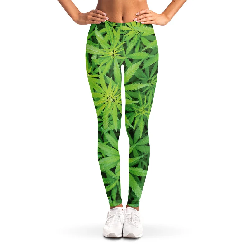 Green Pot Leaf Print Women's Leggings Trendy Sporty Compression Leggings