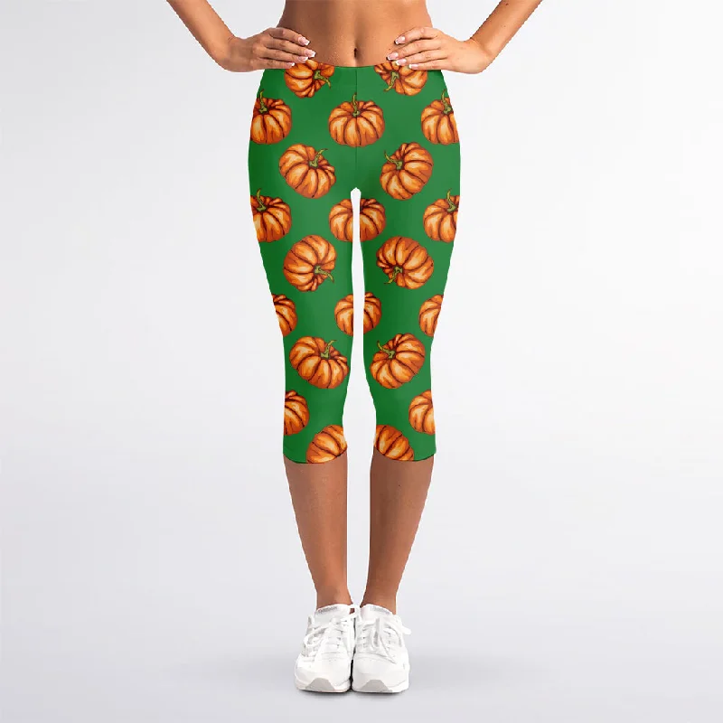 Green Pumpkin Pattern Print Women's Capri Leggings Casual Sporty Leggings