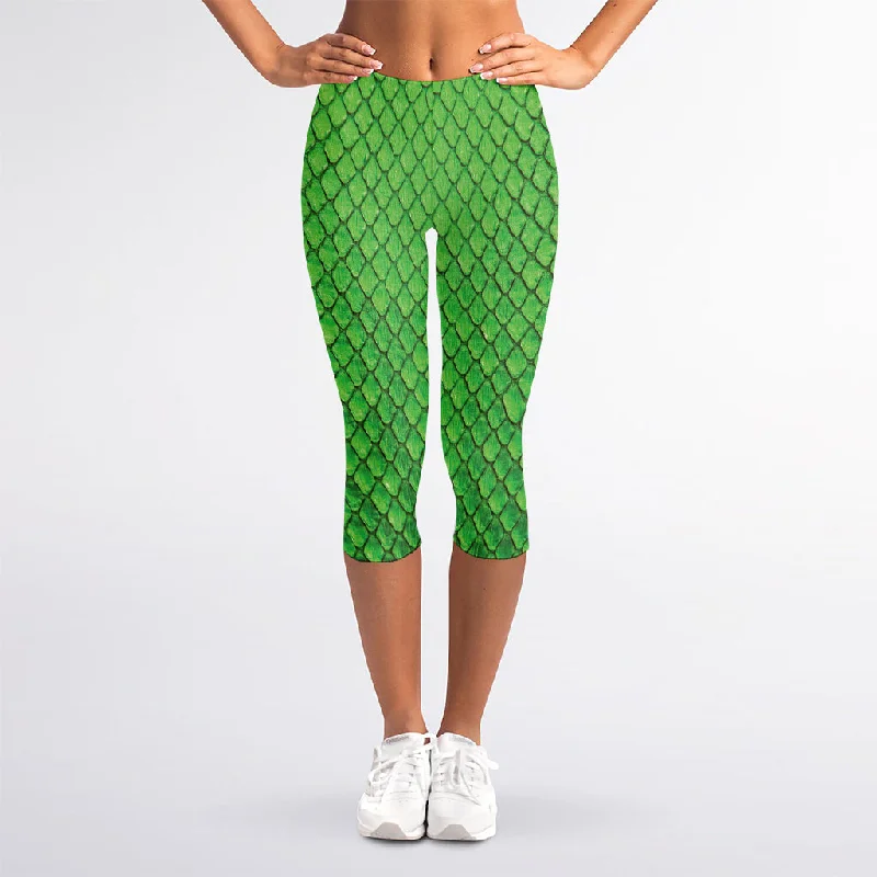 Green Python Snakeskin Print Women's Capri Leggings Trendy Full-Length Leggings