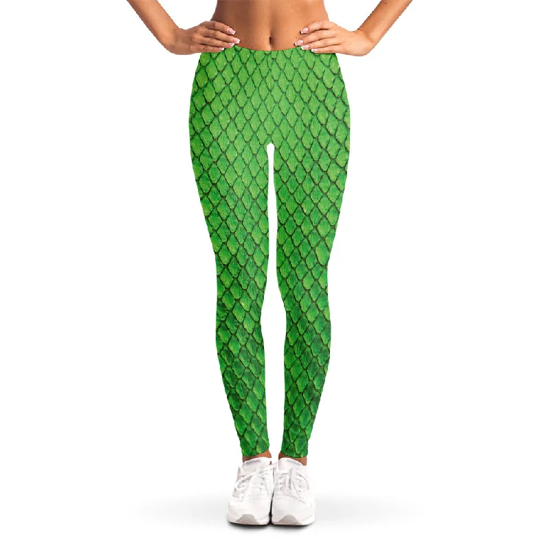 Green Python Snakeskin Print Women's Leggings Trendy Cold Weather Tights