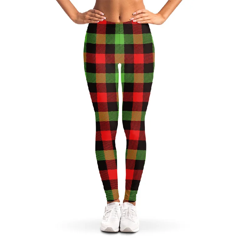 Green Red And Black Buffalo Plaid Print Women's Leggings Fashionable High-Rise Workout Leggings
