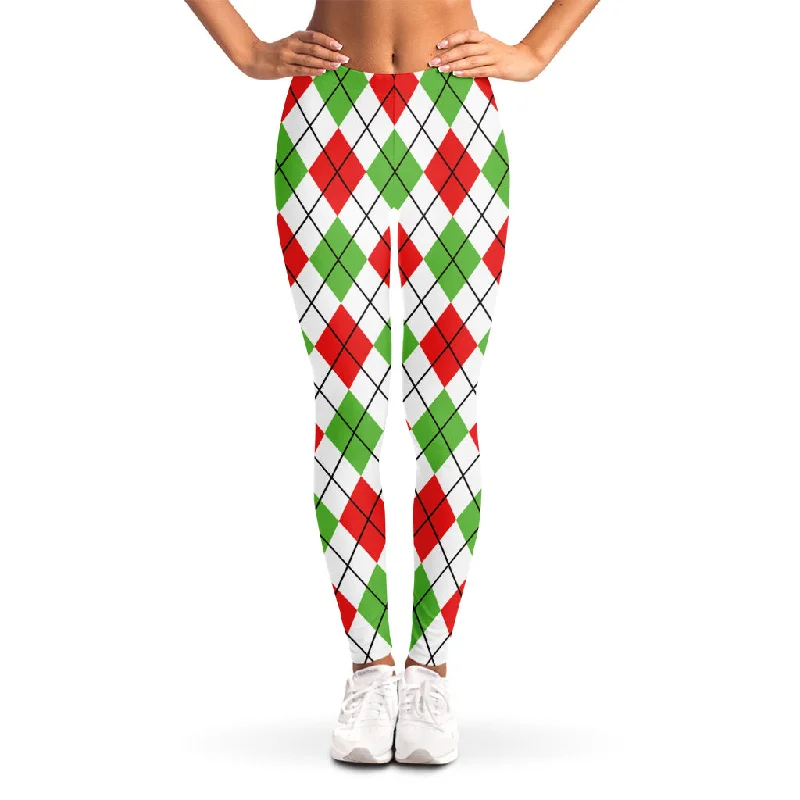 Green Red And White Argyle Pattern Print Women's Leggings Elegant Textured Leggings
