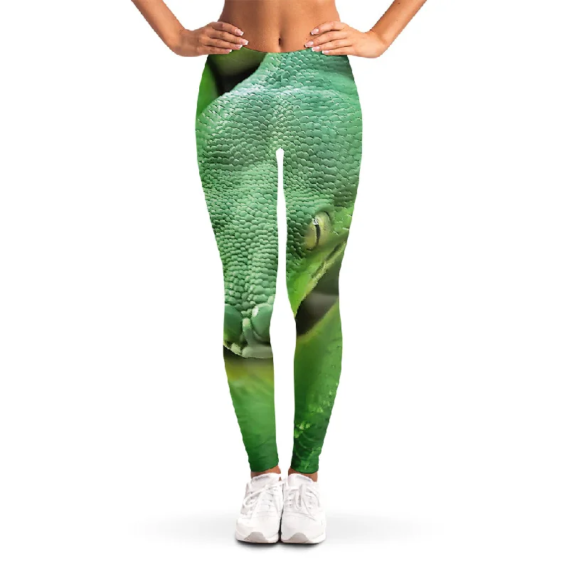 Green Reticulated Python Snake Print Women's Leggings Stylish Sweat-Proof Leggings