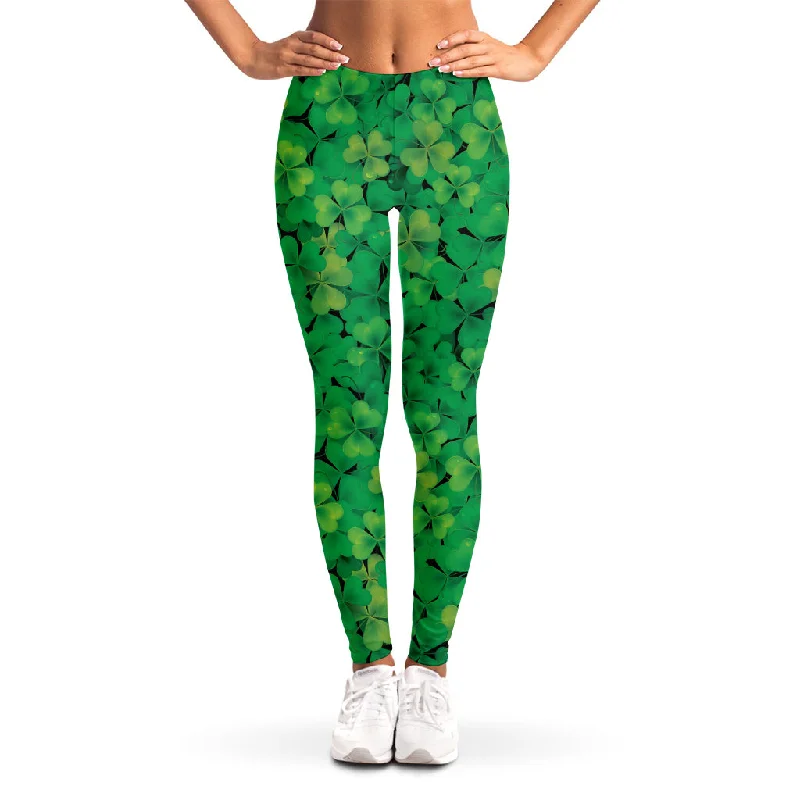 Green Shamrock Leaf Pattern Print Women's Leggings Chic Smooth Fit Leggings