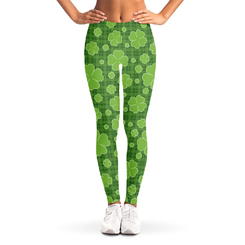 Green Shamrock Plaid Pattern Print Women's Leggings Trendy Fitness Leggings