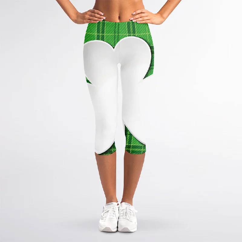 Green Shamrock Tartan Print Women's Capri Leggings Stylish Printed Sport Leggings