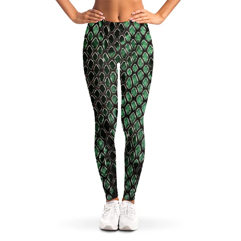 Green Snakeskin Print Women's Leggings Fashionable Solid Color Tights