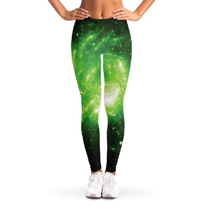 Green Sparkle Galaxy Print Women's Leggings Comfortable Cold Weather Leggings
