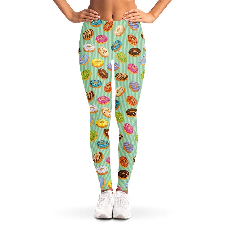 Green Striped Donut Pattern Print Women's Leggings Trendy Seamless Fit Leggings