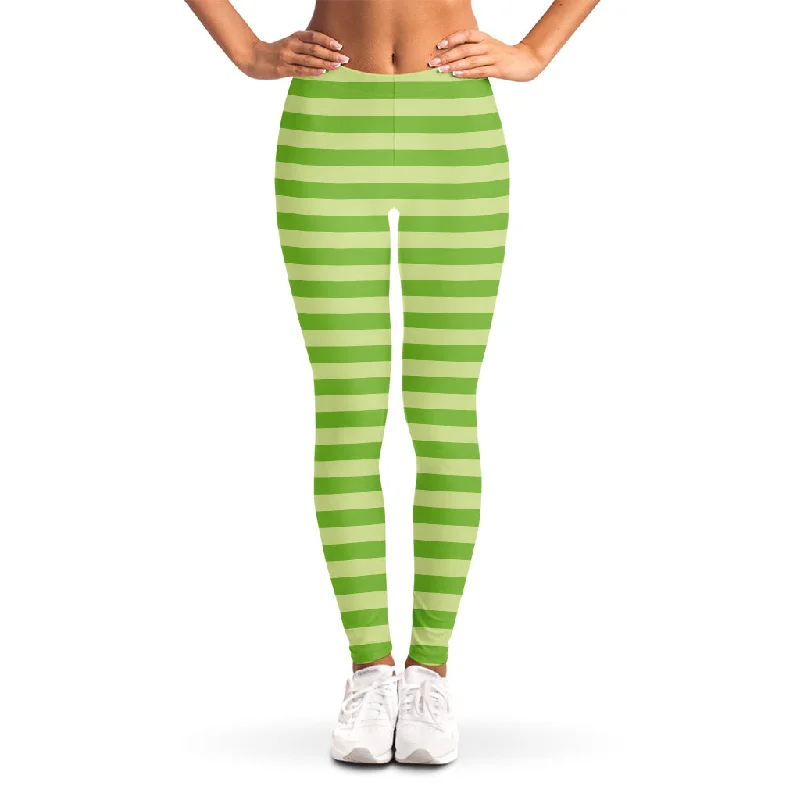 Green Striped Pattern Print Women's Leggings Cozy Reflective Detail Leggings
