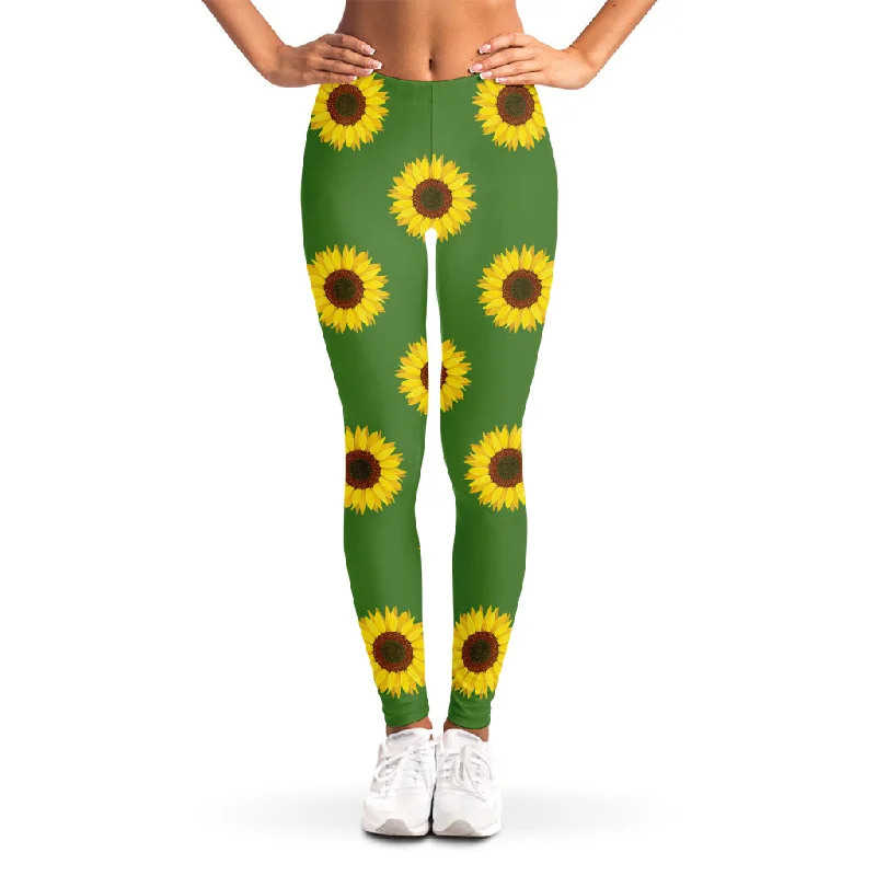 Green Sunflower Pattern Print Women's Leggings Stylish Pockets Active Leggings