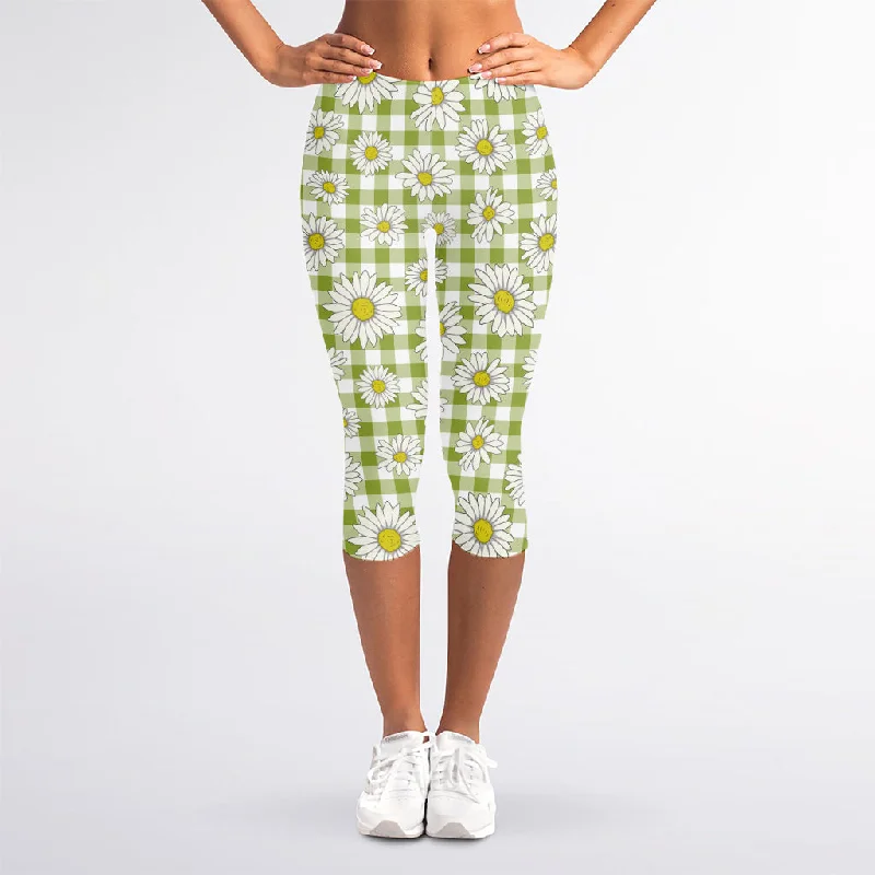 Green Tartan Daisy Pattern Print Women's Capri Leggings Trendy High-Compression Leggings