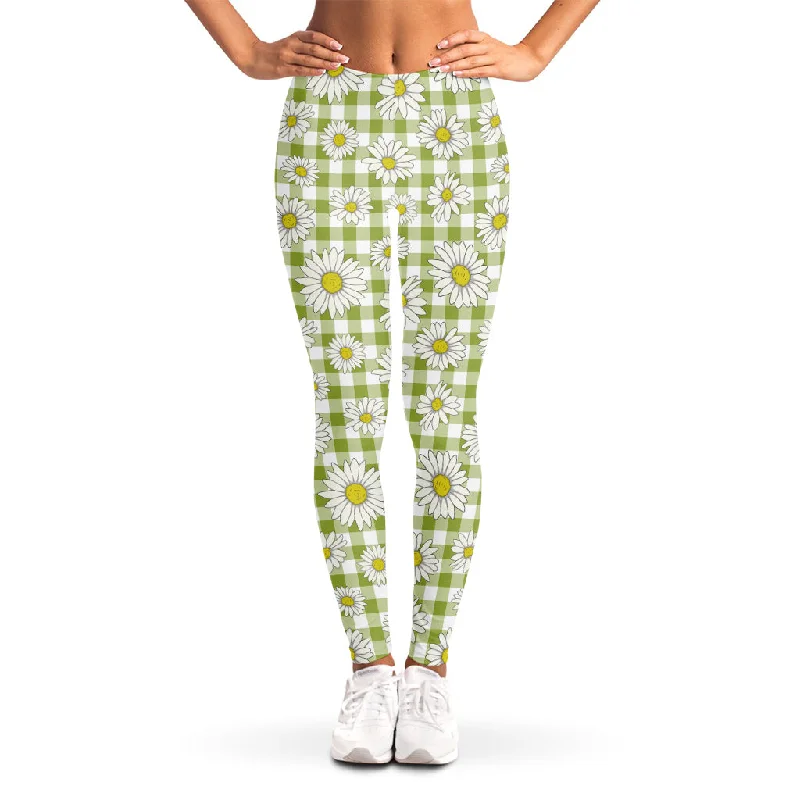 Green Tartan Daisy Pattern Print Women's Leggings Trendy Foil Finish Leggings