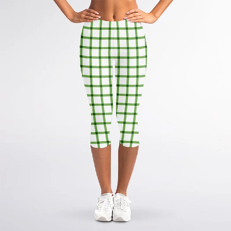 Green Tattersall Pattern Print Women's Capri Leggings Elegant Animal Print Leggings