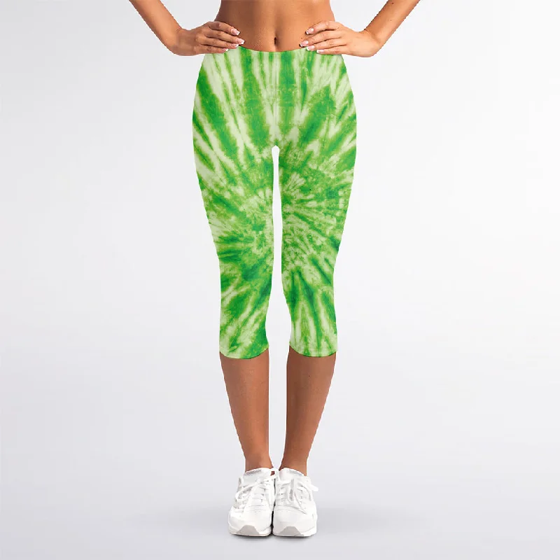 Green Tie Dye Print Women's Capri Leggings Trendy Cold Weather Tights