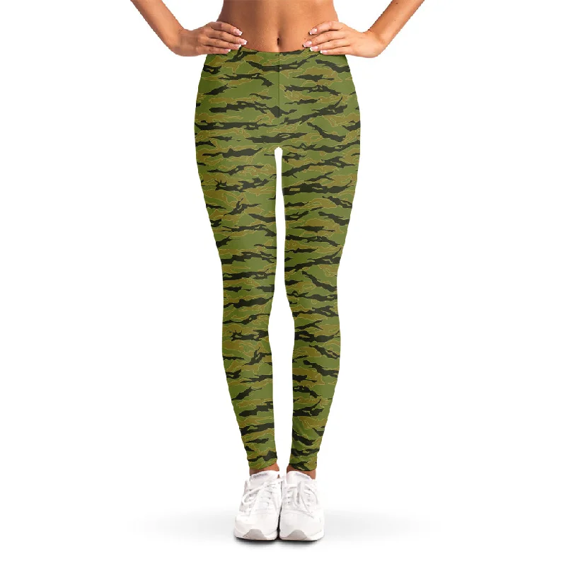 Green Tiger Stripe Camo Pattern Print Women's Leggings Chic Velvet Soft Leggings