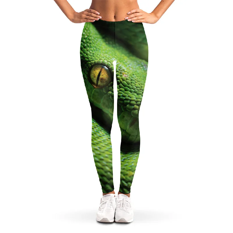 Green Tree Python Snake Print Women's Leggings Stylish Patterned Active Leggings