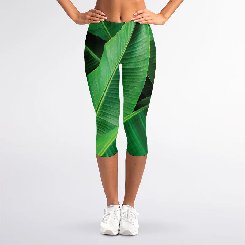 Green Tropical Banana Palm Leaf Print Women's Capri Leggings Comfortable Leggings with Pockets