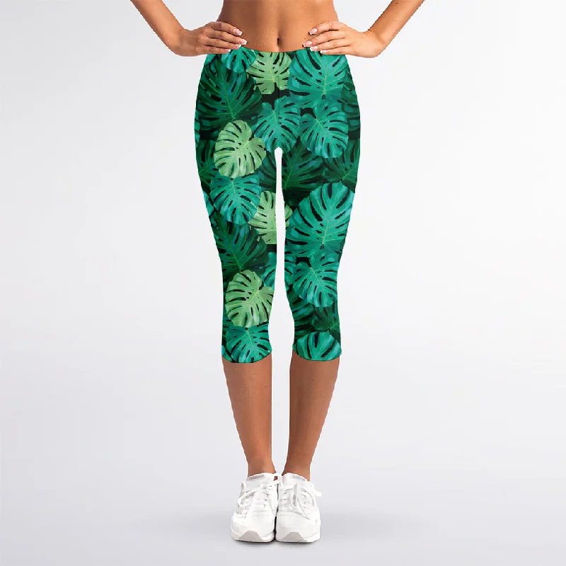 Green Tropical Monstera Pattern Print Women's Capri Leggings Fashionable Solid Color Tights