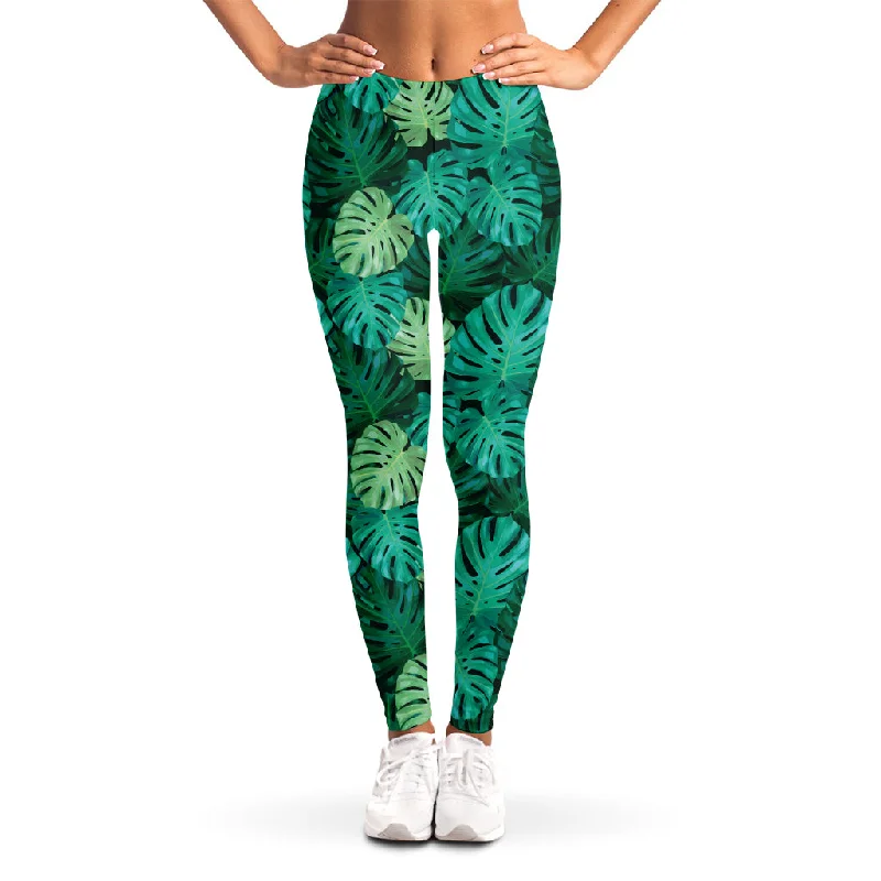 Green Tropical Monstera Pattern Print Women's Leggings Trendy Color Block Leggings