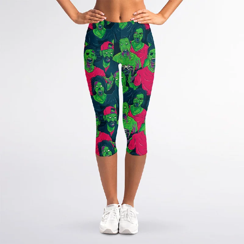 Green Walking Zombie Print Women's Capri Leggings Comfortable Classic Yoga Leggings