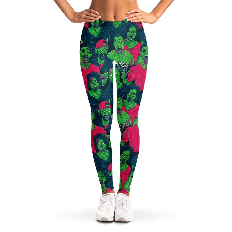 Green Walking Zombie Print Women's Leggings Stylish Faux Leather Leggings