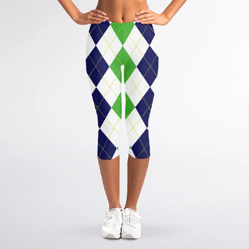 Green White And Navy Argyle Print Women's Capri Leggings Comfortable Zip-Up Leggings