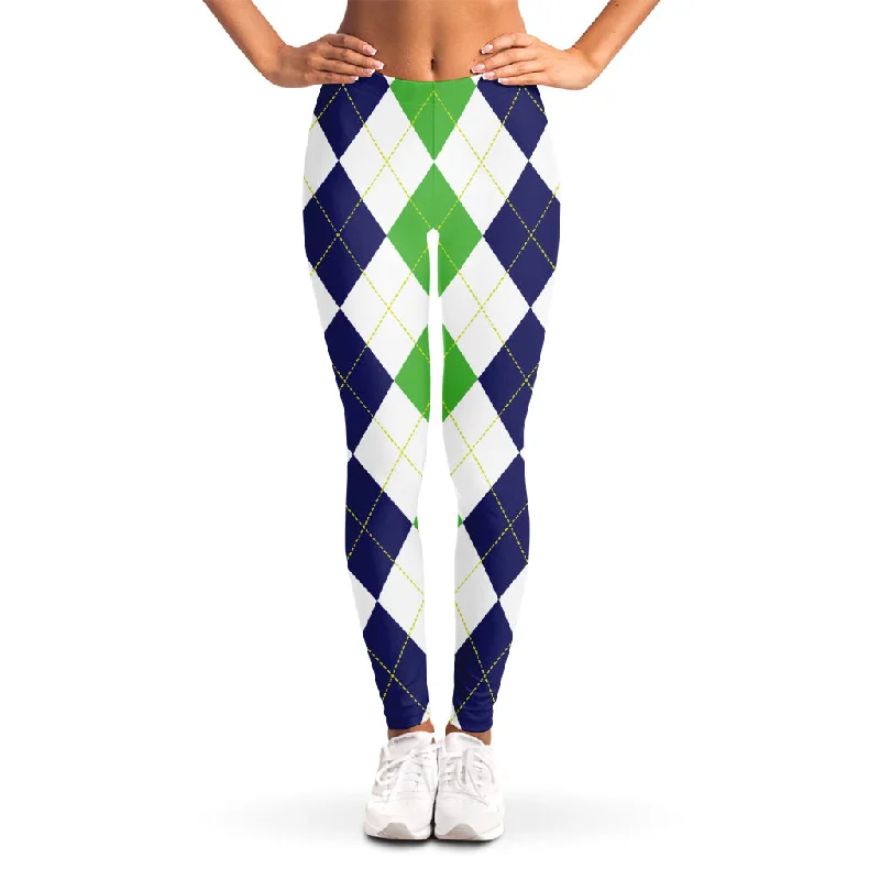 Green White And Navy Argyle Print Women's Leggings Trendy Mesh Leggings