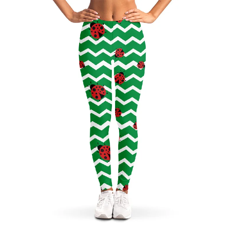 Green Zigzag Ladybird Pattern Print Women's Leggings Trendy Tie-Dye Leggings