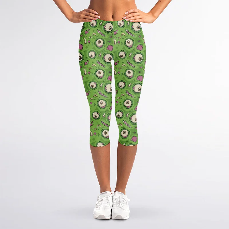 Green Zombie Pattern Print Women's Capri Leggings Elegant Full-Body Leggings