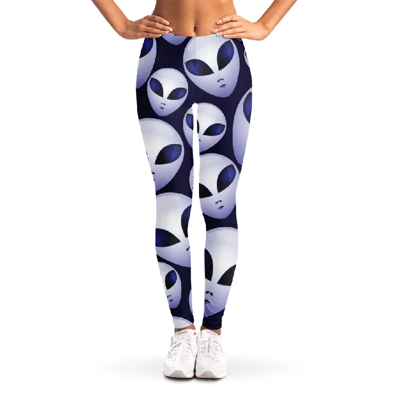 Grey Alien Face Pattern Print Women's Leggings Cozy Bootcut Leggings