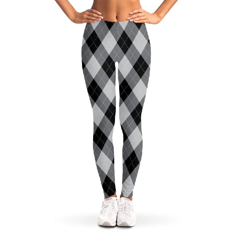 Grey And Black Argyle Pattern Print Women's Leggings Stylish Stretch-Waist Leggings