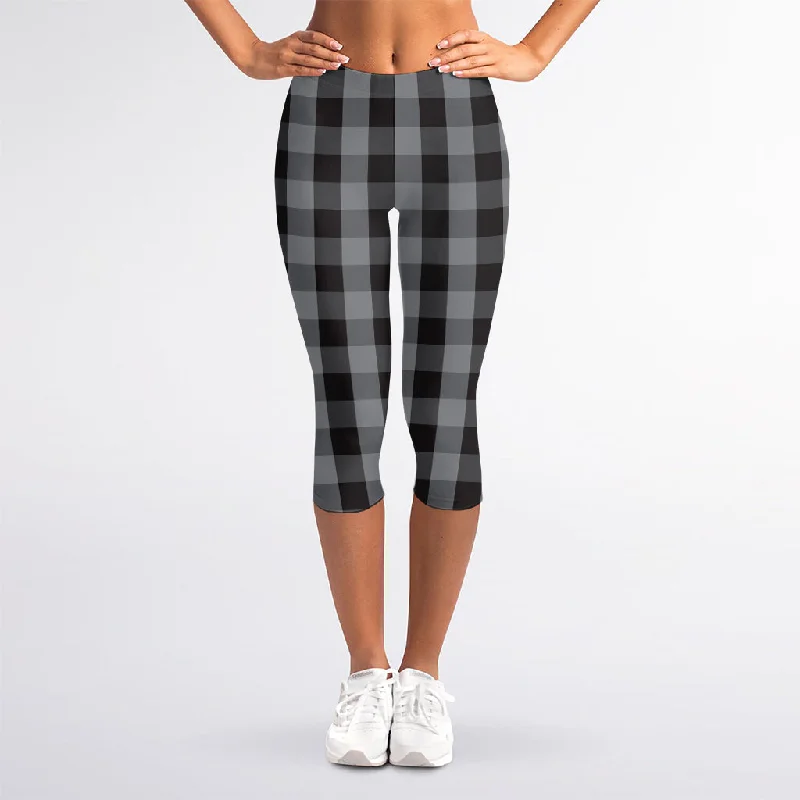 Grey And Black Check Pattern Print Women's Capri Leggings Trendy High-Waist Tummy Control Leggings