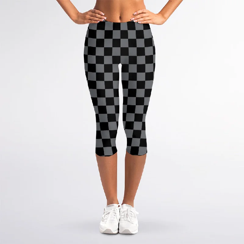 Grey And Black Checkered Pattern Print Women's Capri Leggings Chic Printed Yoga Pants