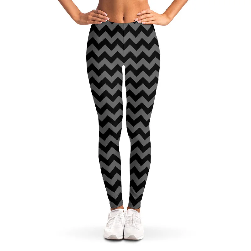 Grey And Black Chevron Pattern Print Women's Leggings Casual Slim-Fit Leggings
