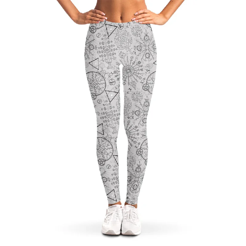 Grey And Black Mystical Wiccan Print Women's Leggings Elegant Black Leggings