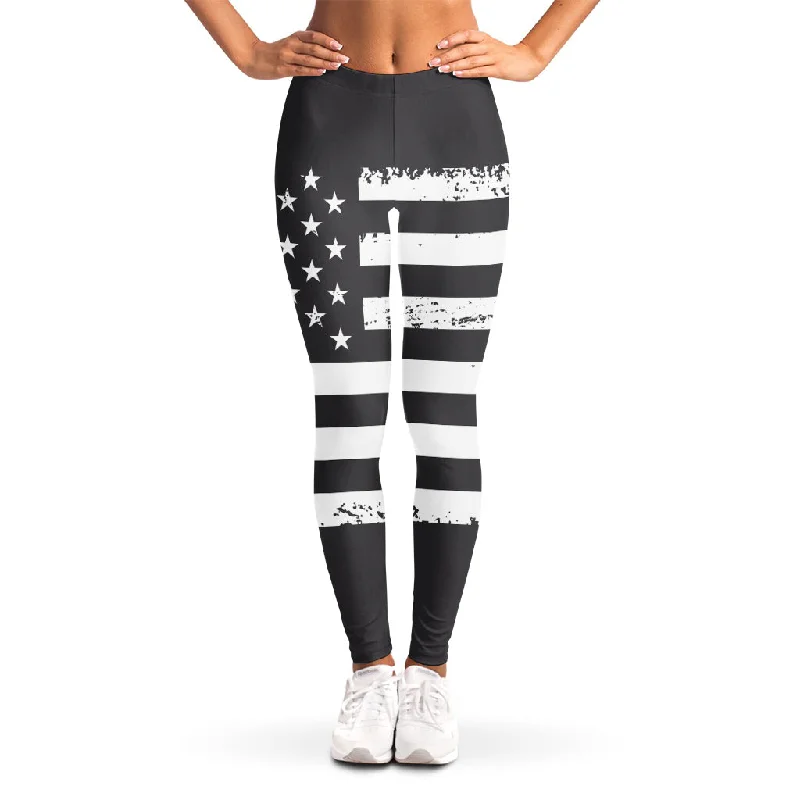 Grey And White American Flag Print Women's Leggings Fashionable Leather-Look Leggings
