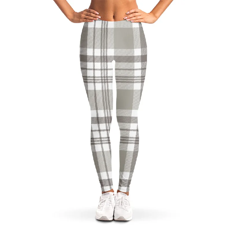 Grey And White Border Tartan Print Women's Leggings Chic Workout Leggings