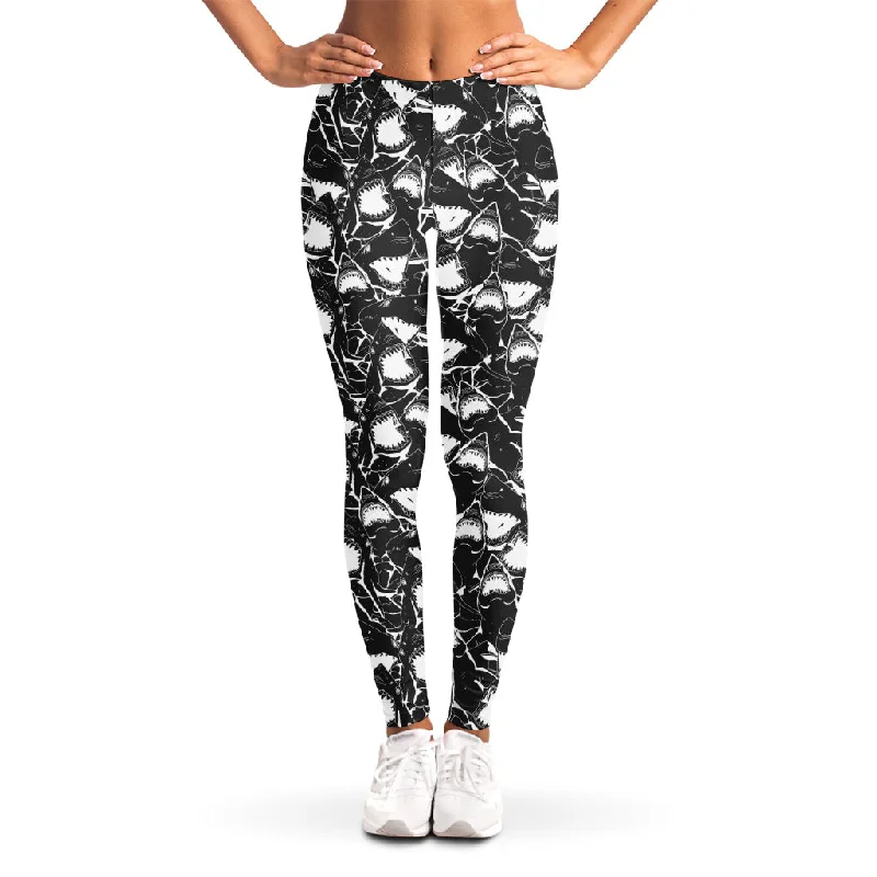 Grey And White Shark Pattern Print Women's Leggings Stylish Ultra Stretch Leggings