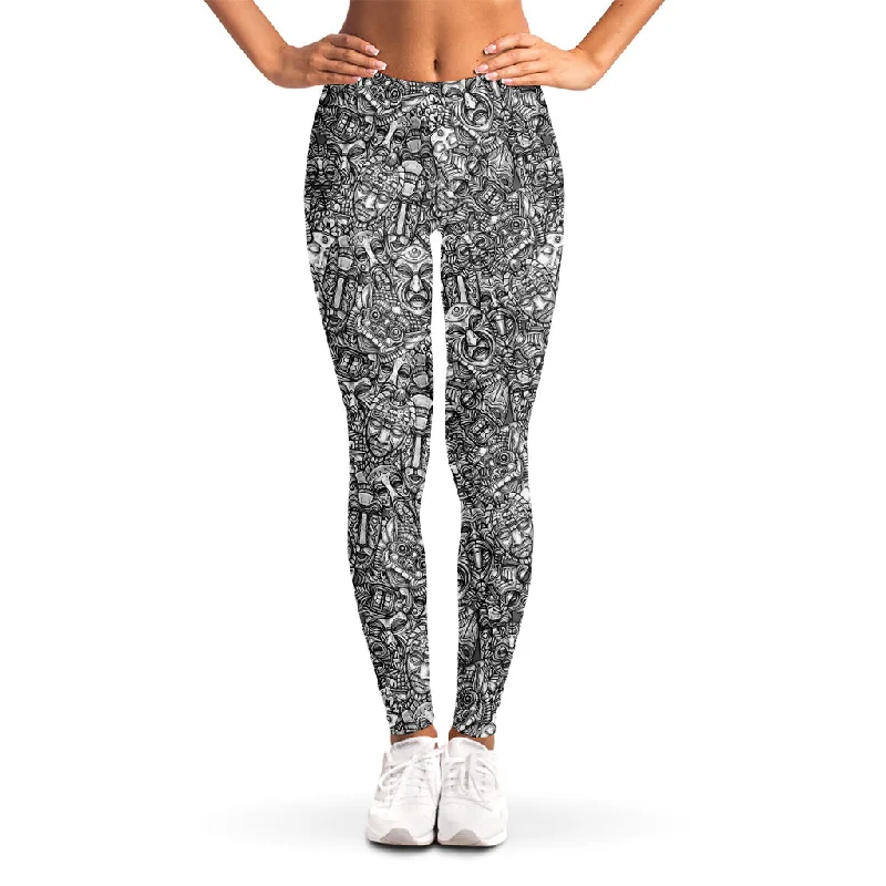 Grey And White Totem Pattern Print Women's Leggings Comfortable Athletic Tights