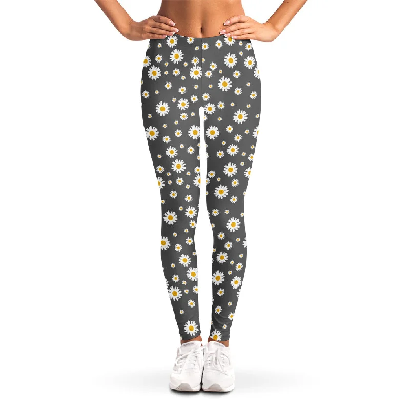Grey Daisy Floral Pattern Print Women's Leggings Stylish Stretch Print Leggings