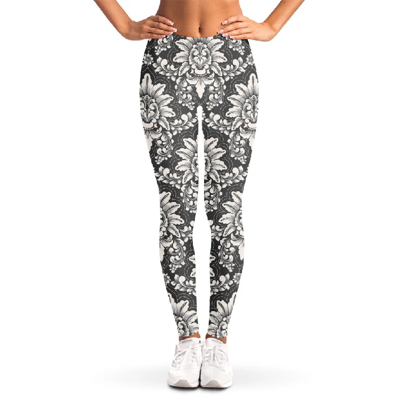 Grey Damask Pattern Print Women's Leggings Trendy Sweat-Wicking Workout Leggings