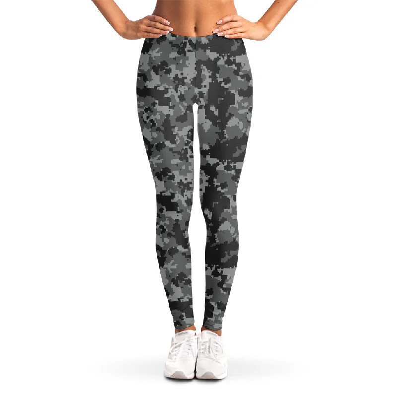 Grey Digital Camo Pattern Print Women's Leggings Trendy Faux Suede Leggings